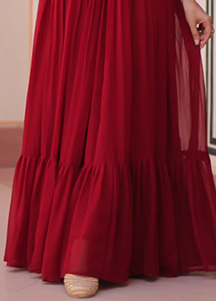 Maroon Woven Work Silk Gown - Image 3