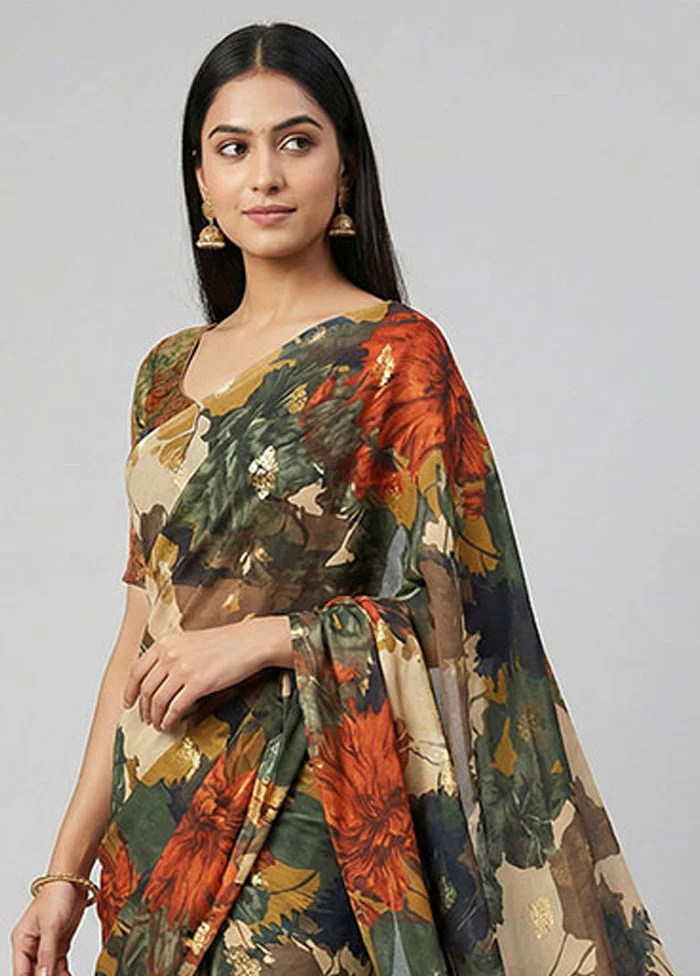 Multicolor Chiffon Silk Saree With Blouse Piece - Image 2