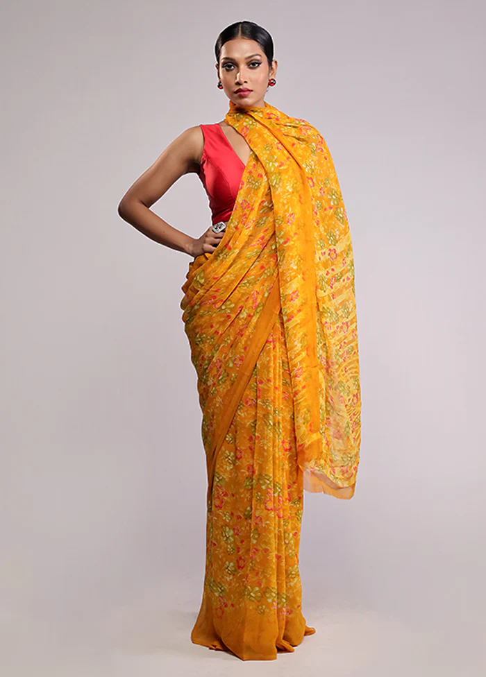 Yellow Chiffon Silk Saree With Blouse Piece - Image 2