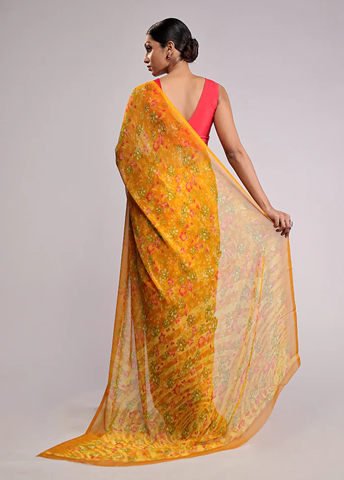 Yellow Chiffon Silk Saree With Blouse Piece - Image 3