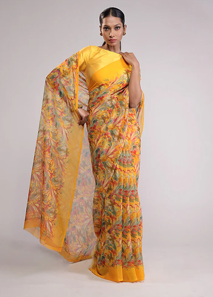 Yellow Chiffon Silk Saree With Blouse Piece - Image 2