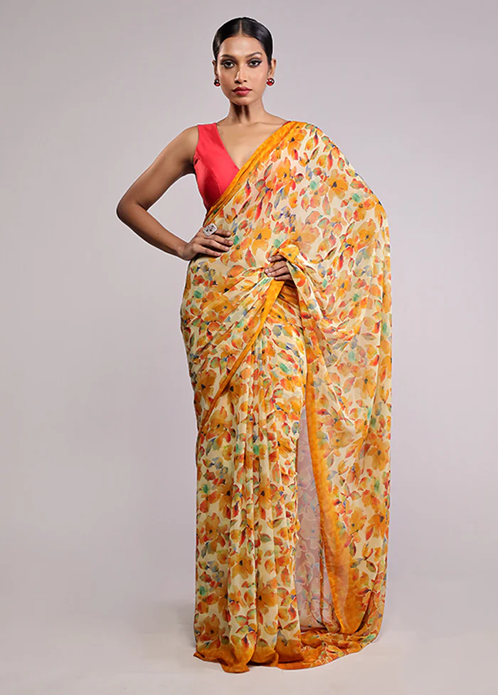 Yellow Chiffon Silk Saree With Blouse Piece - Image 2
