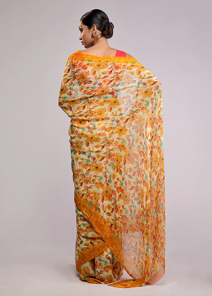 Yellow Chiffon Silk Saree With Blouse Piece - Image 3