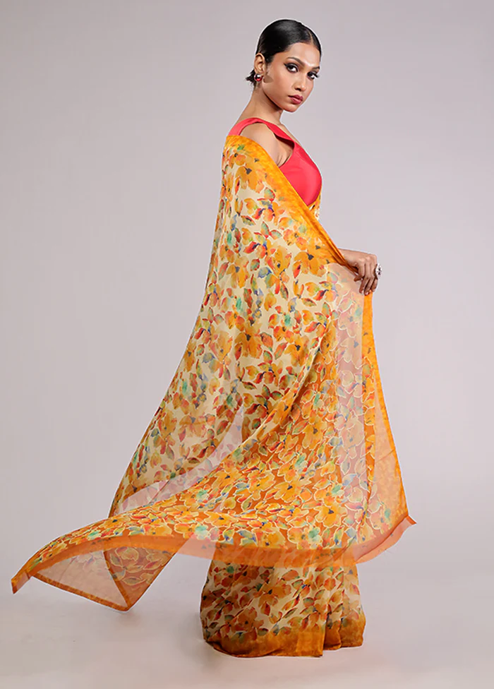 Yellow Chiffon Silk Saree With Blouse Piece - Image 4