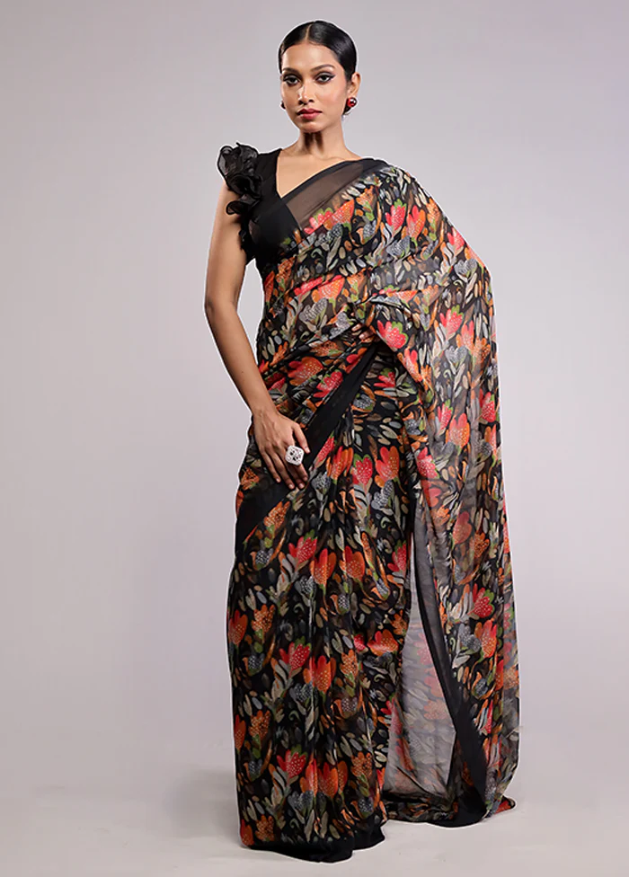 Black Chiffon Silk Saree With Blouse Piece - Image 2