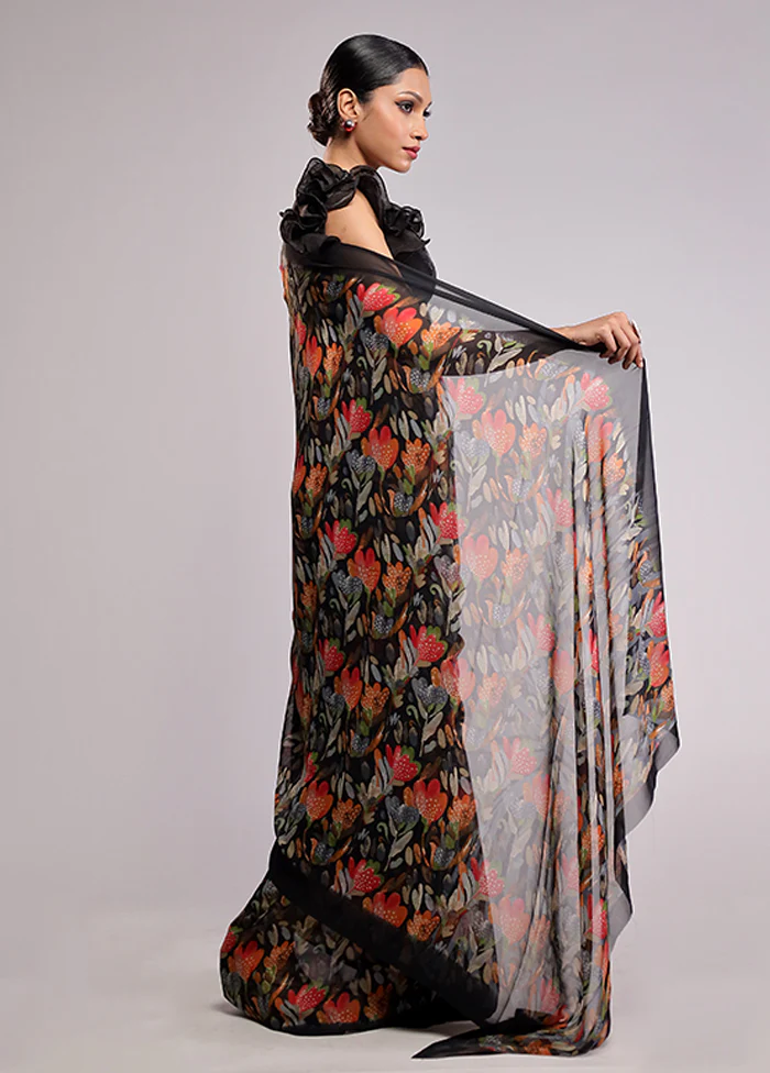 Black Chiffon Silk Saree With Blouse Piece - Image 4