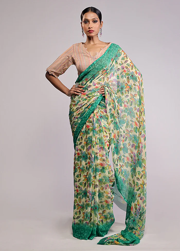 Green Chiffon Silk Saree With Blouse Piece - Image 2