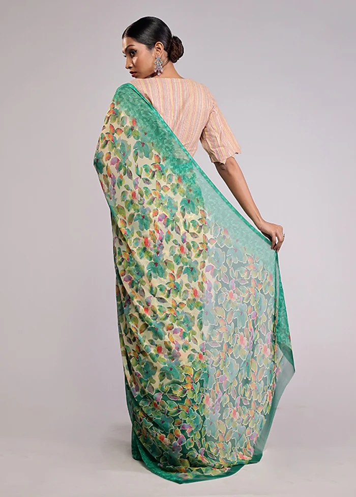Green Chiffon Silk Saree With Blouse Piece - Image 3