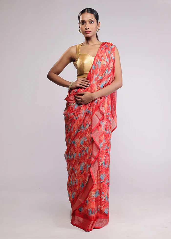 Red Chiffon Silk Saree With Blouse Piece - Image 2