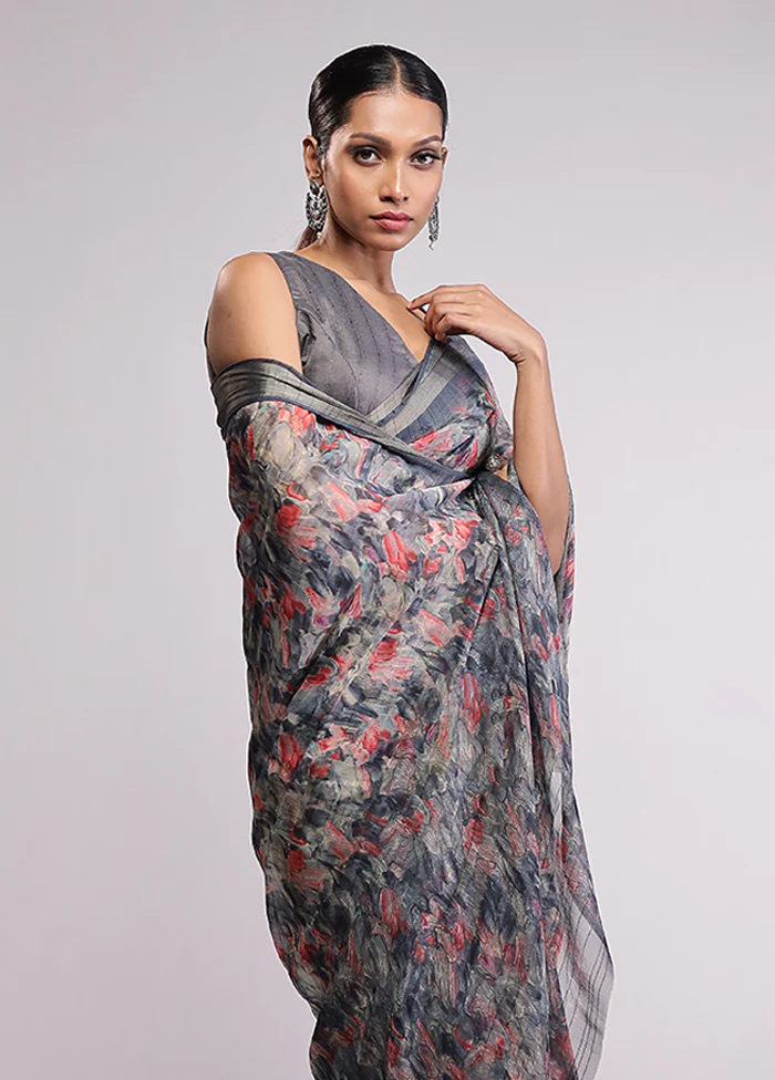 Grey Chiffon Silk Saree With Blouse Piece