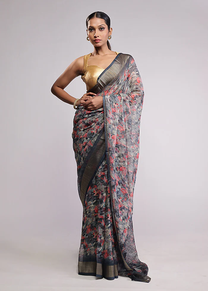 Grey Chiffon Silk Saree With Blouse Piece - Image 2