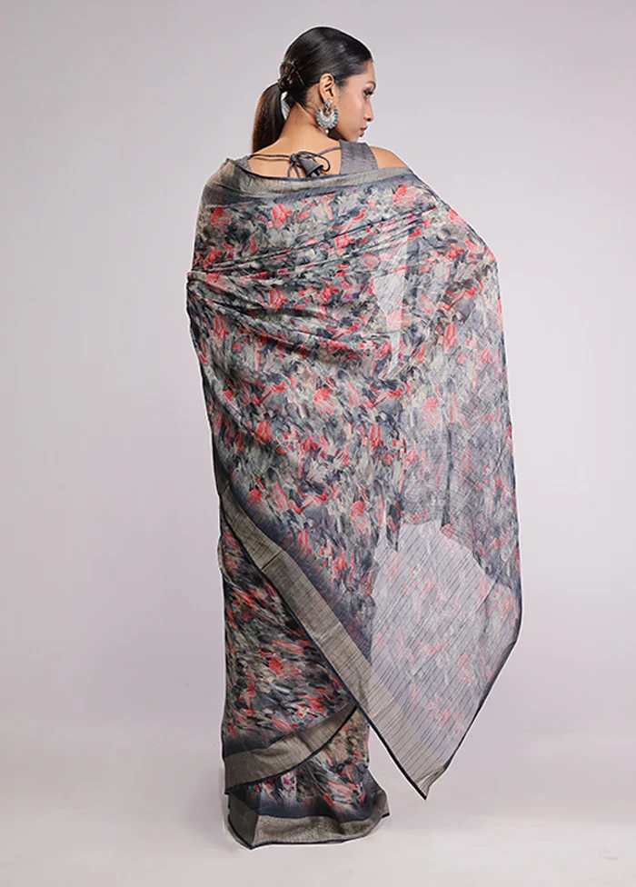Grey Chiffon Silk Saree With Blouse Piece - Image 3