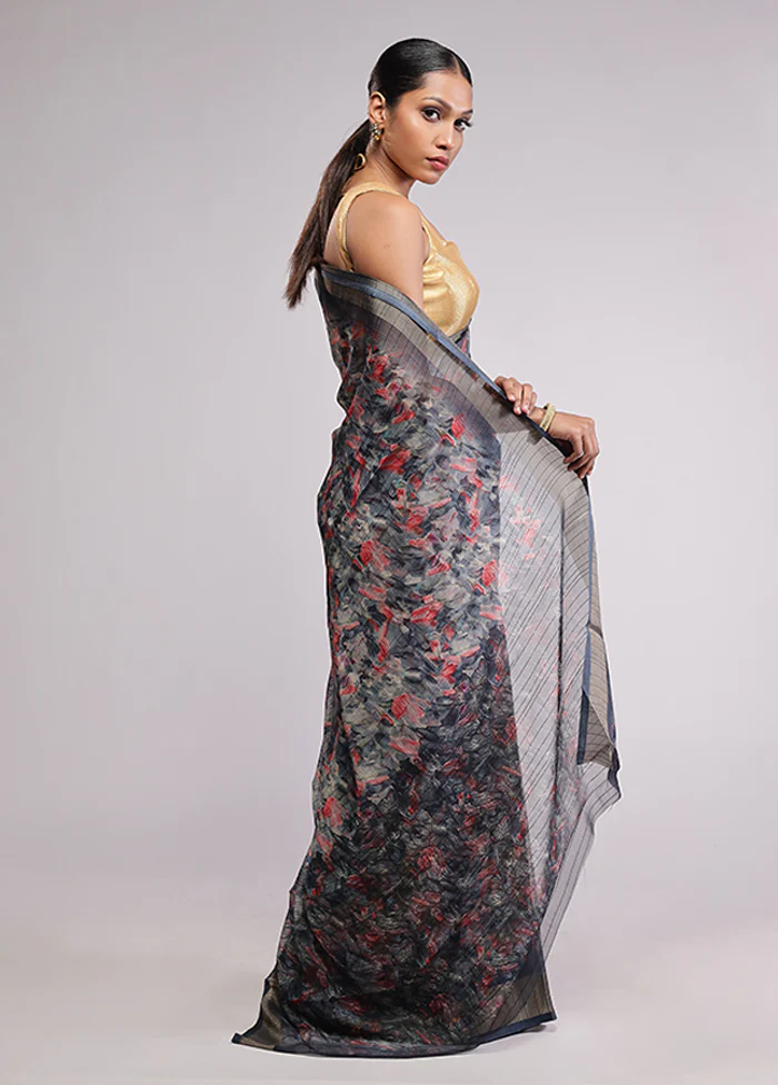 Grey Chiffon Silk Saree With Blouse Piece - Image 4