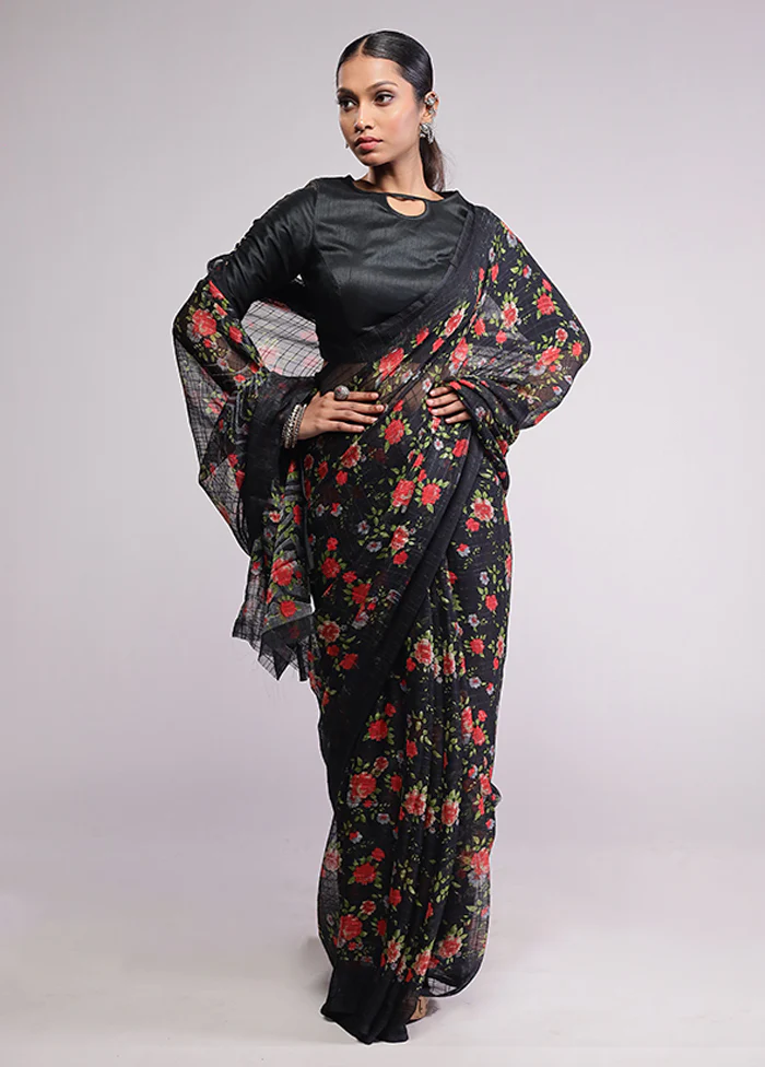 Black Chiffon Silk Saree With Blouse Piece - Image 2