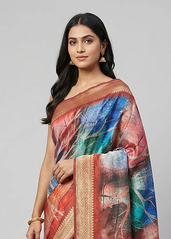 Multicolor Dupion Silk Saree With Blouse Piece - Image 2