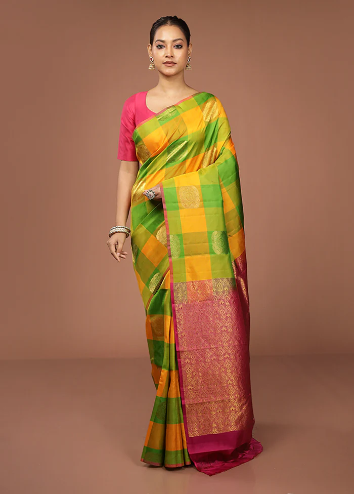 Yellow Handloom Kanjivaram Pure Silk Saree With Blouse Piece - Image 2