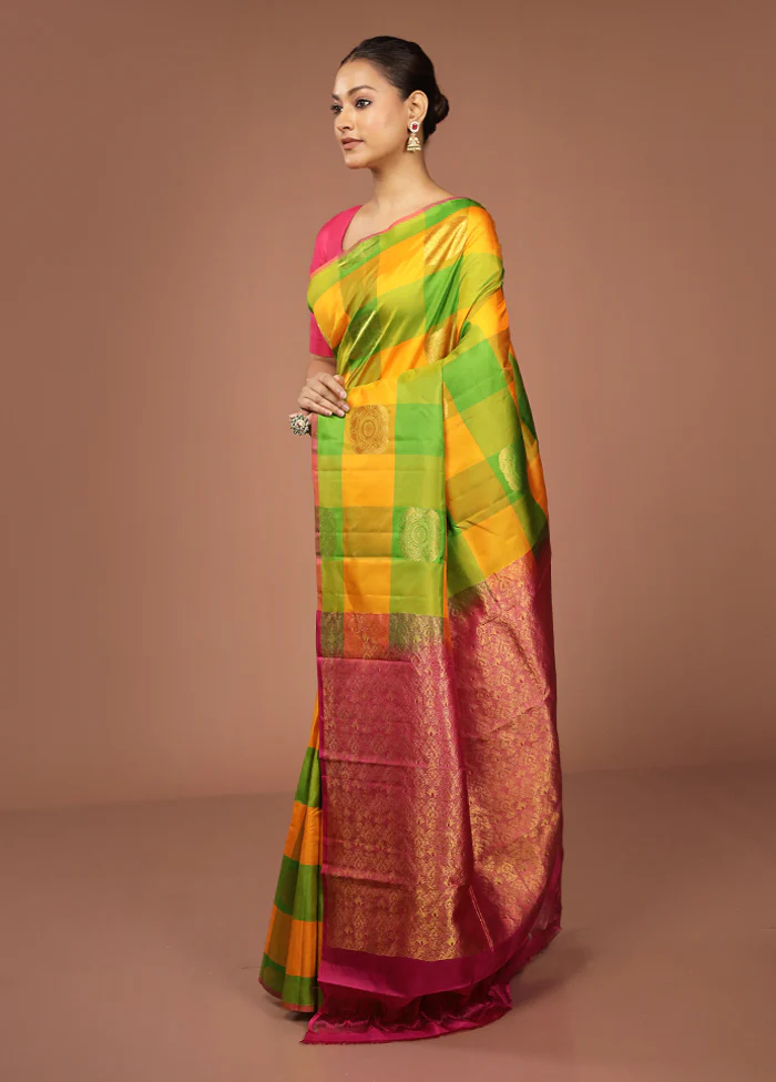 Yellow Handloom Kanjivaram Pure Silk Saree With Blouse Piece - Image 4