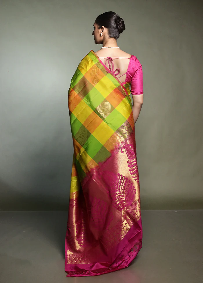 Multicolor Handloom Kanjivaram Pure Silk Saree With Blouse Piece - Image 3