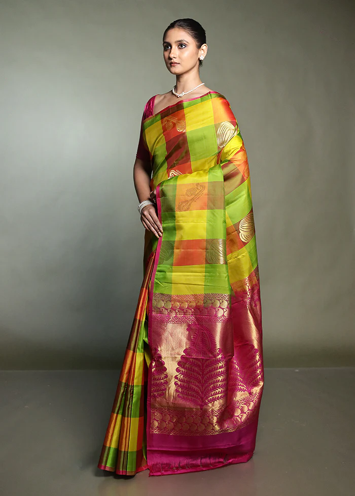 Multicolor Handloom Kanjivaram Pure Silk Saree With Blouse Piece - Image 4