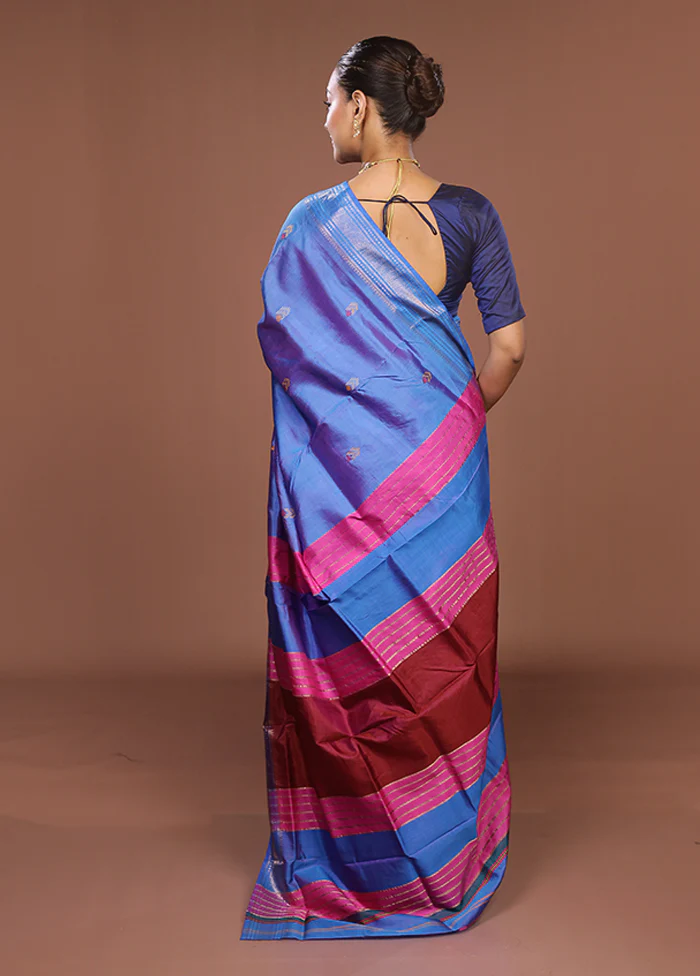 Blue Handloom Kalakhetra Pure Silk Saree With Blouse Piece - Image 3