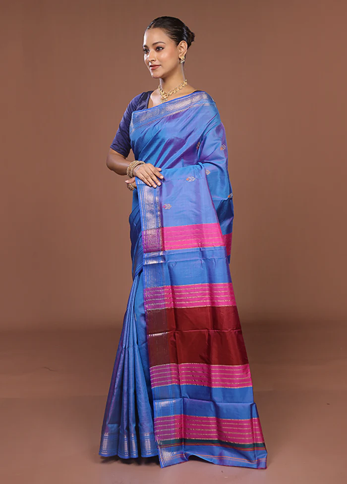 Blue Handloom Kalakhetra Pure Silk Saree With Blouse Piece - Image 4