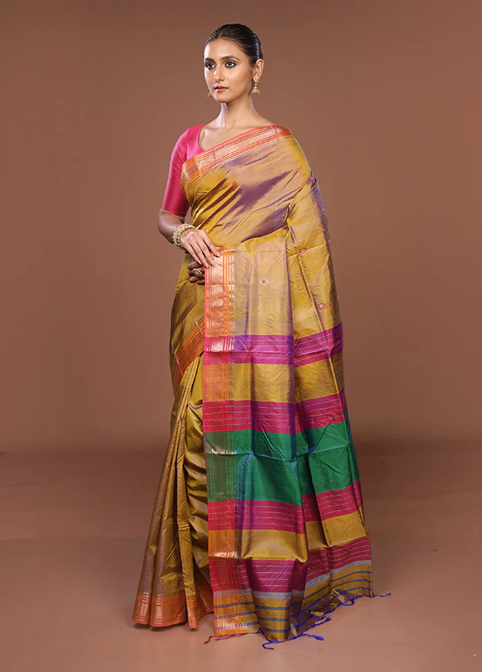 Multicolor Handloom Kanjivaram Pure Silk Saree With Blouse Piece - Image 4