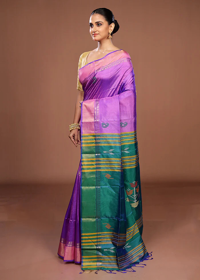 Multicolor Handloom Kanjivaram Pure Silk Saree With Blouse Piece - Image 4