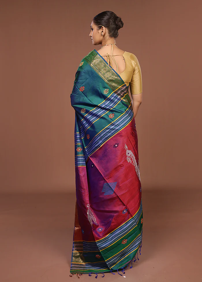 Multicolor Handloom Kanjivaram Pure Silk Saree With Blouse Piece - Image 3