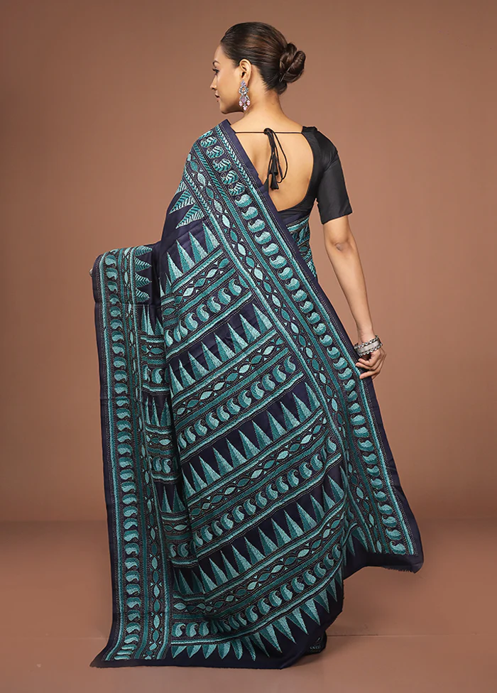 Blue Handloom Kantha Stitch Pure Silk Saree With Blouse Piece - Image 3