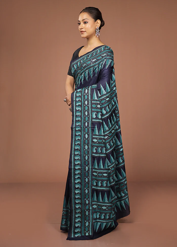Blue Handloom Kantha Stitch Pure Silk Saree With Blouse Piece - Image 4