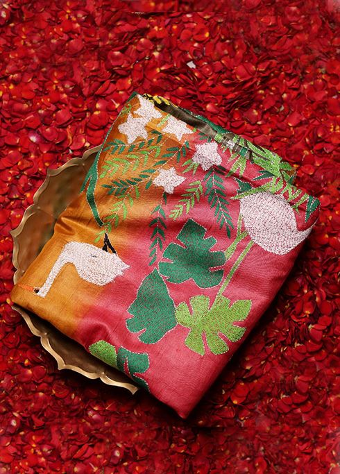 Multicolor Handloom Kantha Stitch Pure Silk Saree With Blouse Piece - Image 7