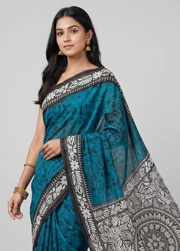 Multicolor Handloom Kantha Stitch Pure Silk Saree With Blouse Piece - Image 2