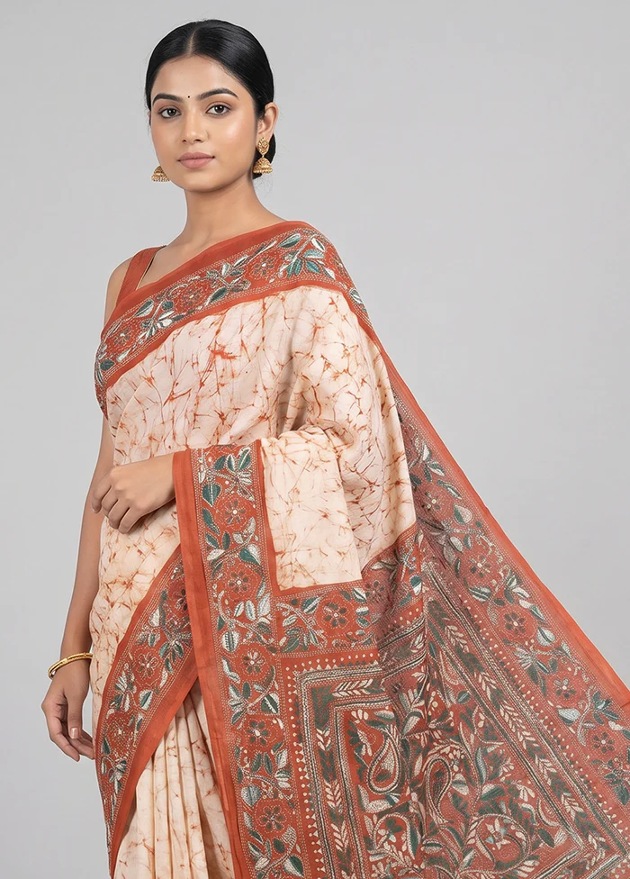 Multicolor Handloom Kantha Stitch Pure Silk Saree With Blouse Piece - Image 2