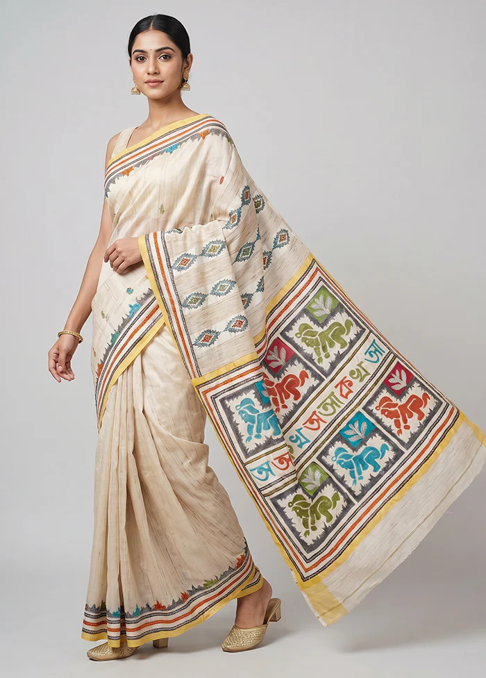 Multicolor Handloom Kantha Stitch Pure Silk Saree With Blouse Piece
