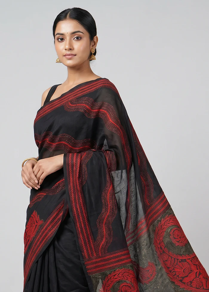 Multicolor Handloom Kantha Stitch Pure Silk Saree With Blouse Piece - Image 2