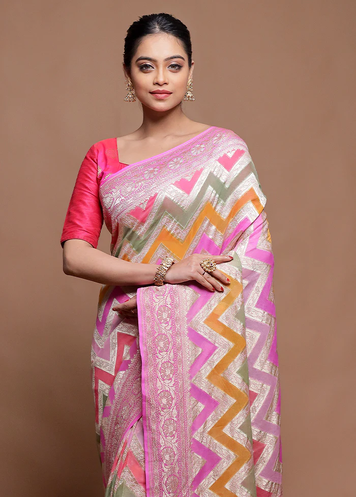 Multicolor Handloom Pure Georgette Saree With Blouse Piece - Image 2