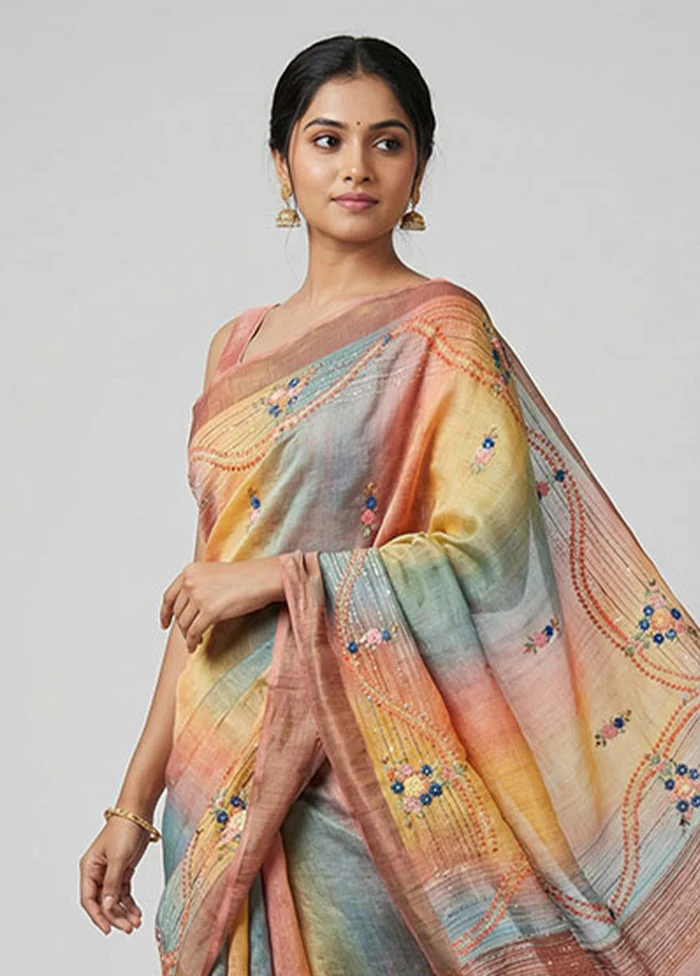 Multicolor Handloom Tussar Pure Silk Saree With Blouse Piece - Image 2