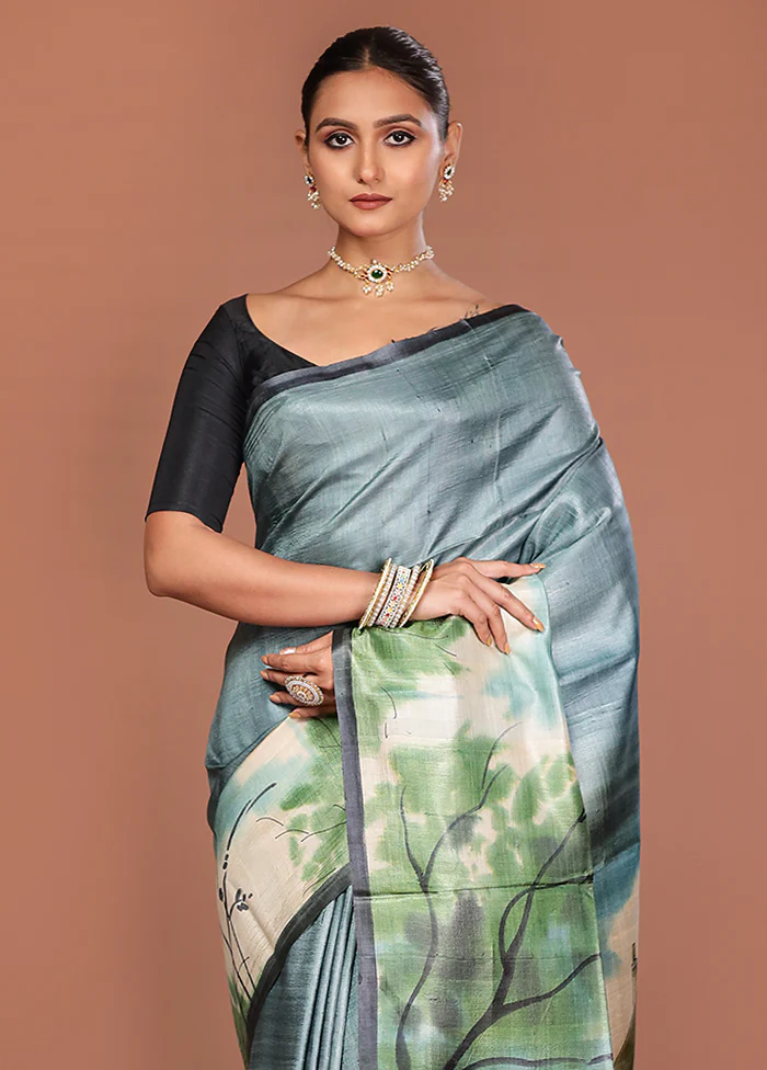 Multicolor Handloom Tussar Pure Silk Saree With Blouse Piece