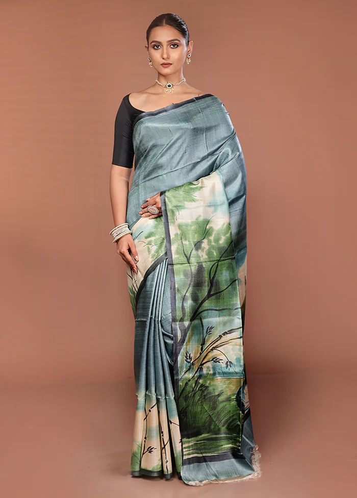 Multicolor Handloom Tussar Pure Silk Saree With Blouse Piece - Image 2