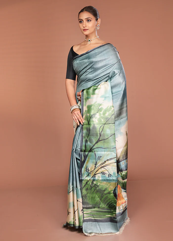 Multicolor Handloom Tussar Pure Silk Saree With Blouse Piece - Image 4