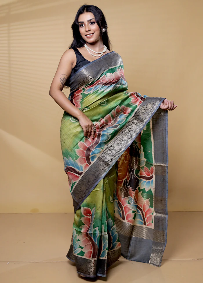 Multicolor Handloom Tussar Pure Silk Saree With Blouse Piece - Image 2