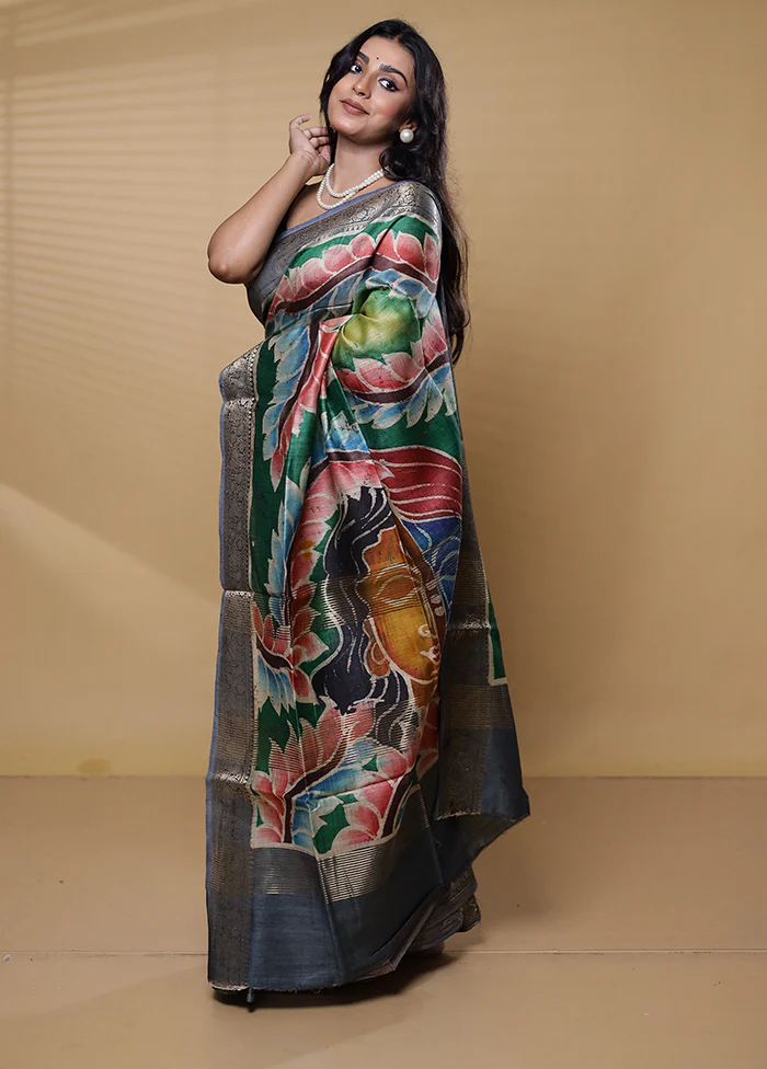 Multicolor Handloom Tussar Pure Silk Saree With Blouse Piece - Image 4