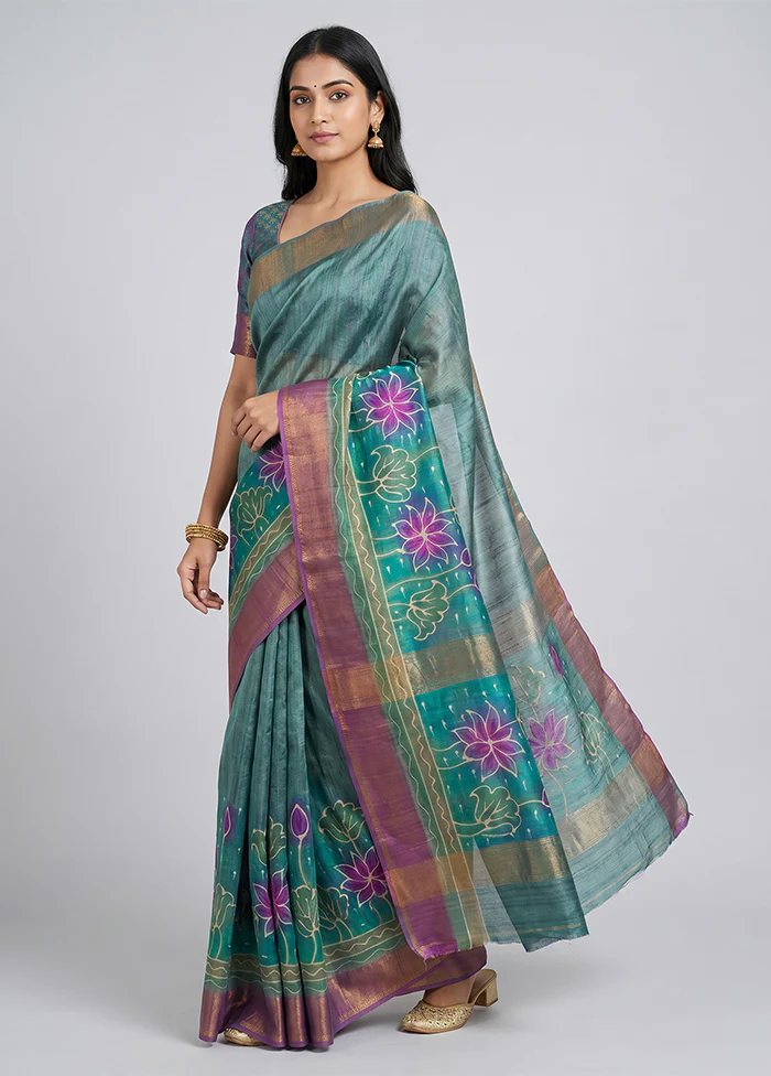 Multicolor Handloom Tussar Pure Silk Saree With Blouse Piece