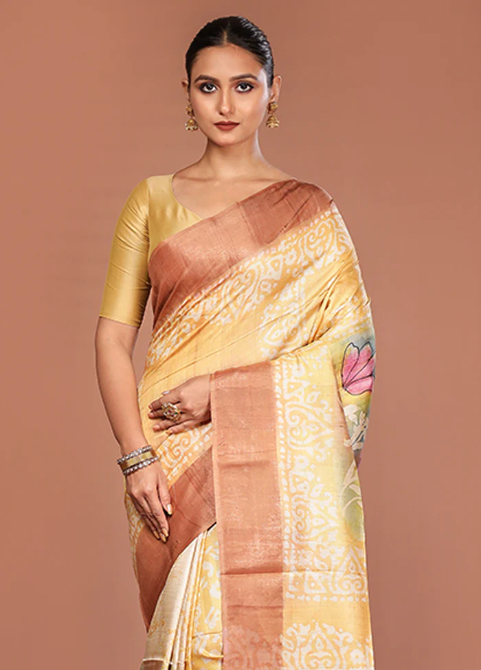 Yellow Handloom Tussar Pure Silk Saree With Blouse Piece