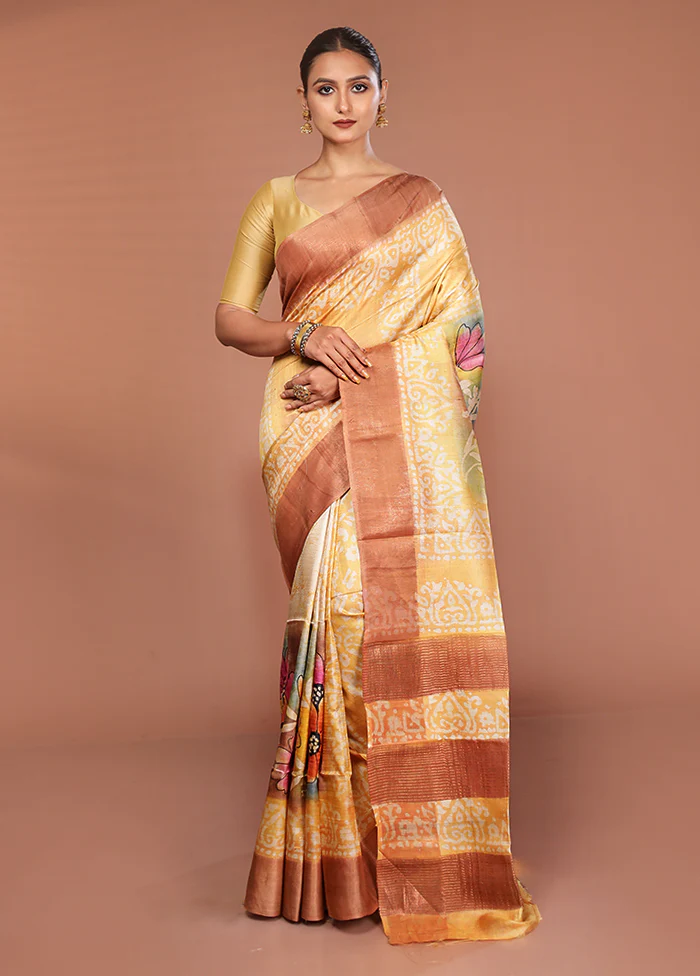 Yellow Handloom Tussar Pure Silk Saree With Blouse Piece - Image 2