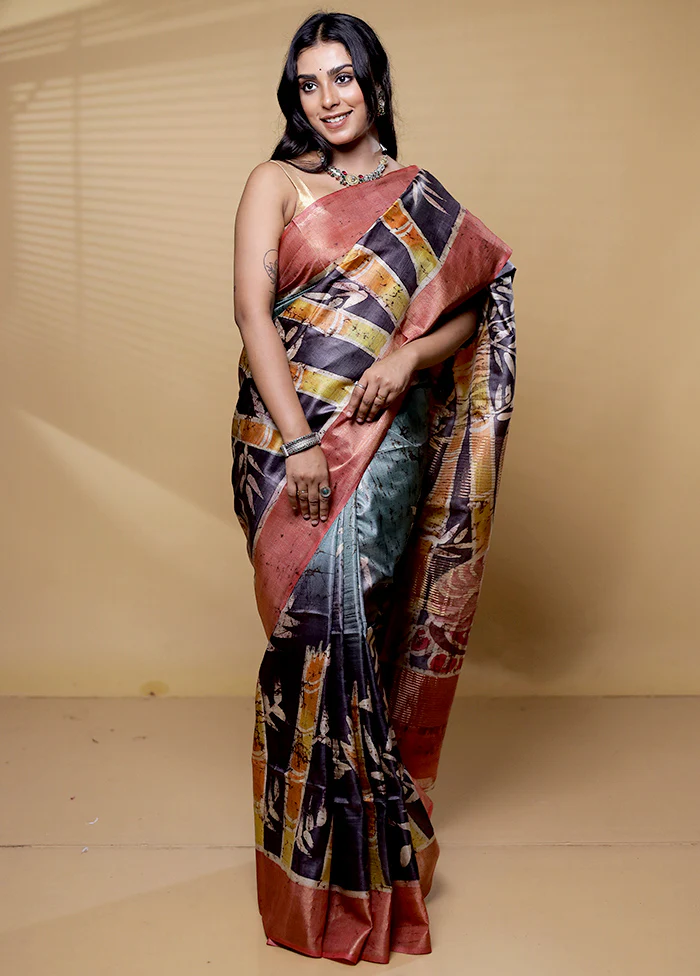 Multicolor Handloom Tussar Pure Silk Saree With Blouse Piece - Image 2