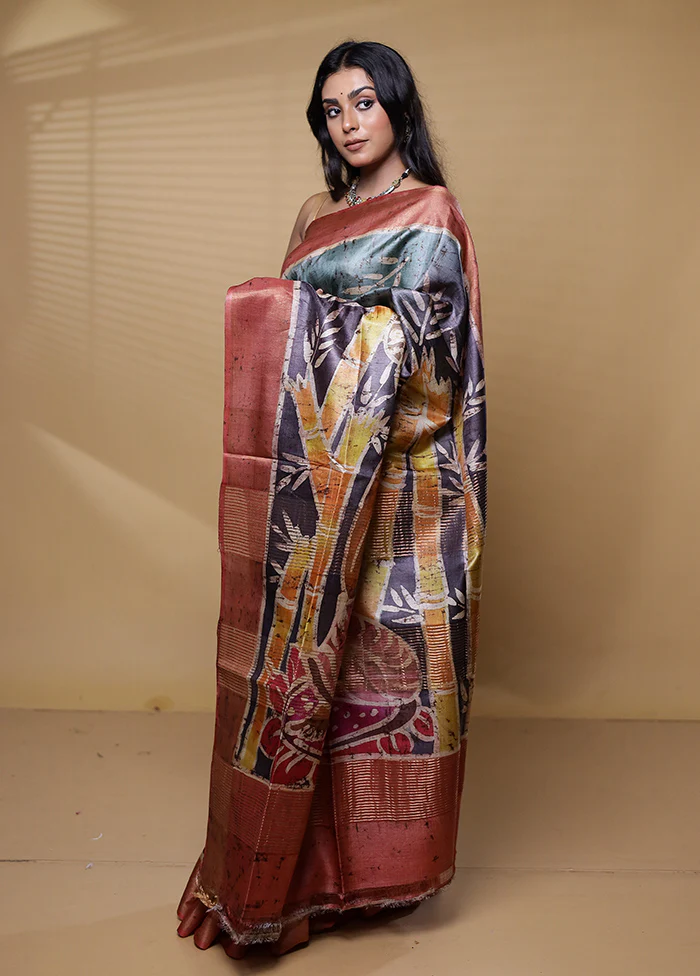 Multicolor Handloom Tussar Pure Silk Saree With Blouse Piece - Image 4