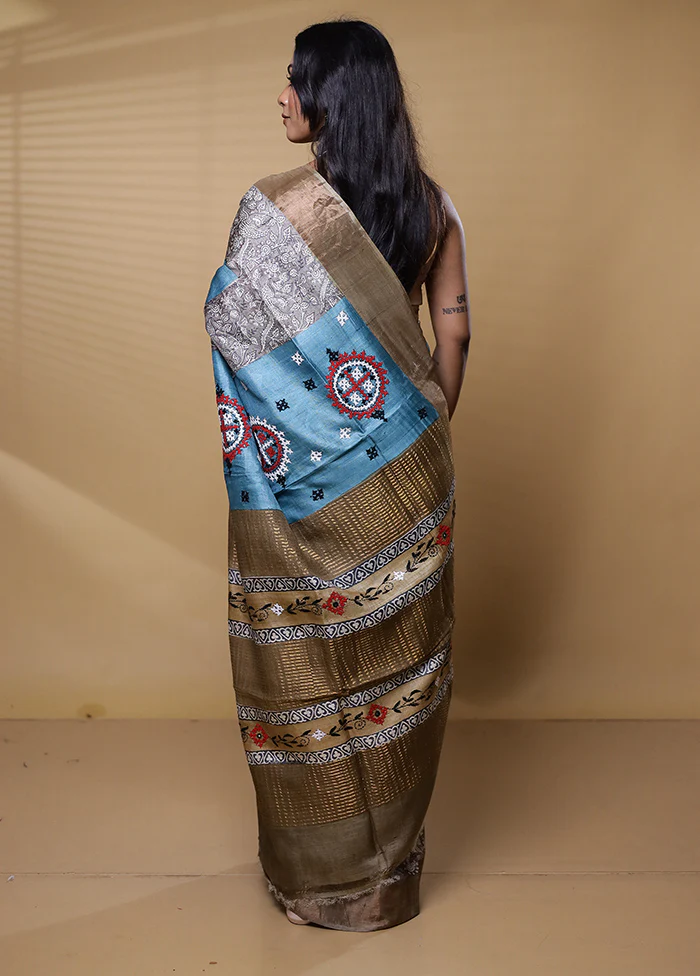 Multicolor Handloom Tussar Pure Silk Saree With Blouse Piece - Image 3