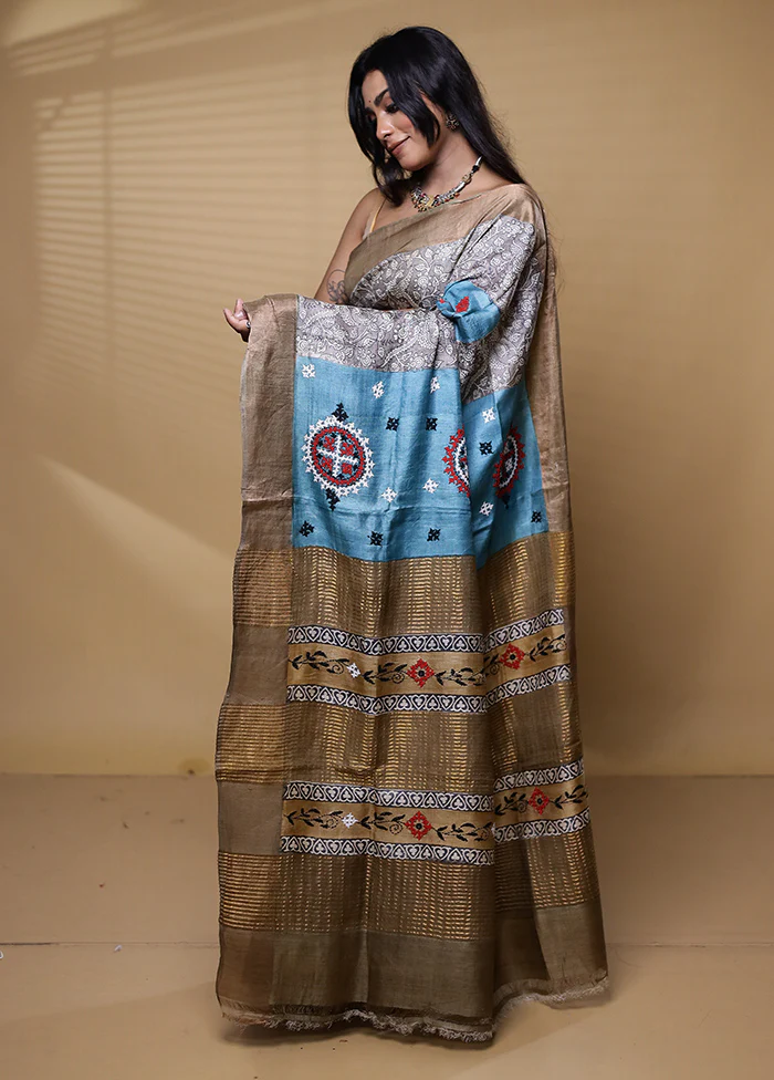 Multicolor Handloom Tussar Pure Silk Saree With Blouse Piece - Image 4