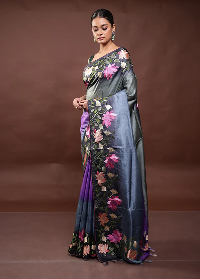 Multicolor Handloom Tussar Pure Silk Saree With Blouse Piece - Image 4